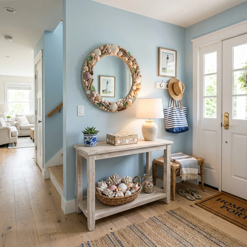 Coastal entryway with ocean-inspired decor